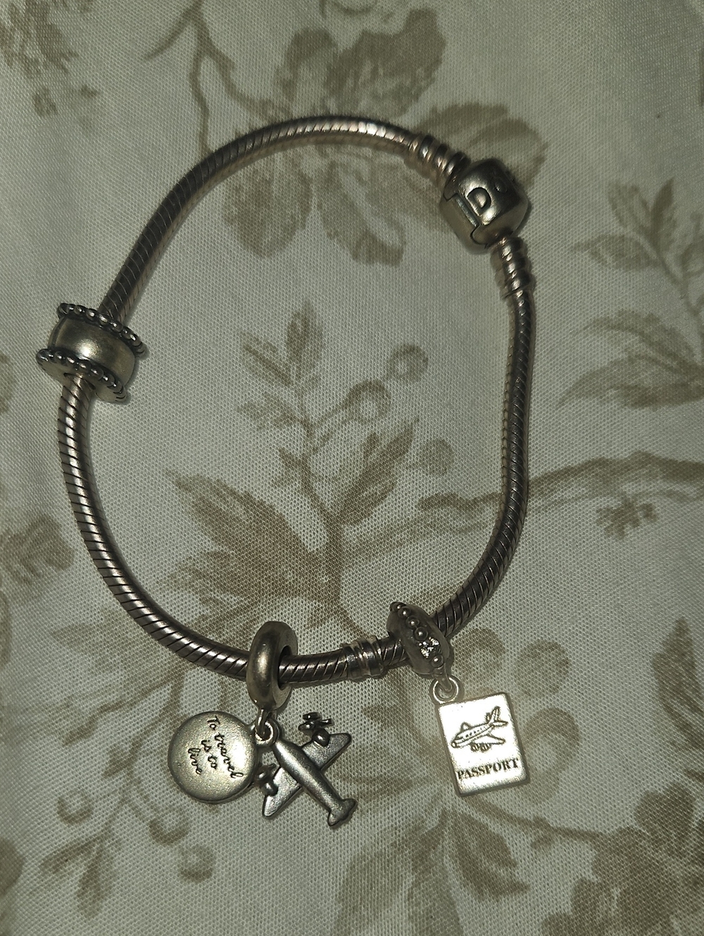 Pandora Silver Bracelet with Navy Enamel Heart and Airplane Charms